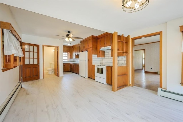kitchen with white appliances, ceiling fan, baseboard heating, light wood-type flooring, and light countertops