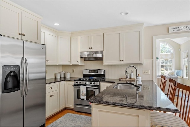 kitchen featuring appliances with stainless steel finishes, light wood-type flooring, a sink, a peninsula, and under cabinet range hood