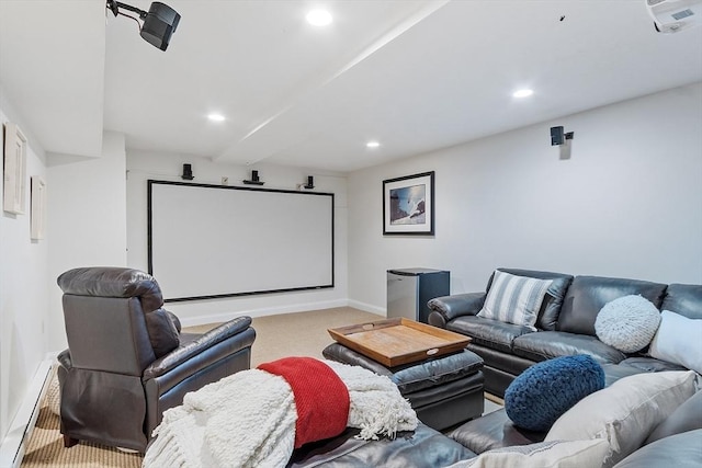 carpeted home theater with baseboards and recessed lighting
