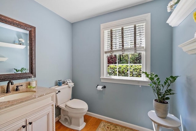 bathroom featuring vanity, toilet, a wealth of natural light, and wood finished floors