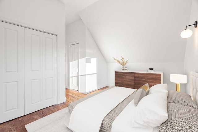 bedroom featuring vaulted ceiling, wood-type flooring, and a closet