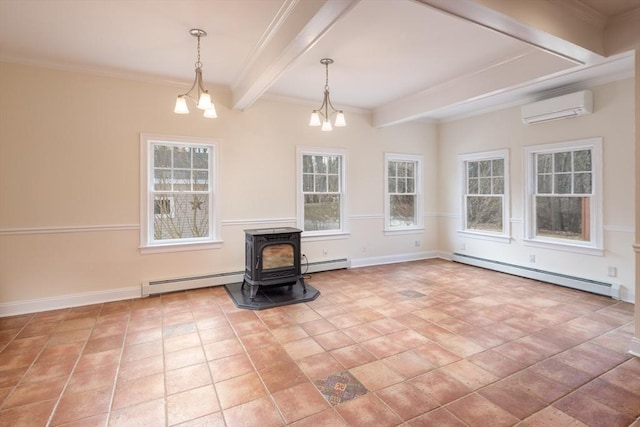 unfurnished living room featuring a wealth of natural light, beam ceiling, a wall mounted AC, baseboard heating, and a wood stove