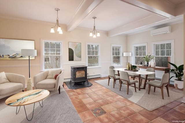 dining space with crown molding, a baseboard heating unit, beamed ceiling, a wood stove, and a wall mounted AC