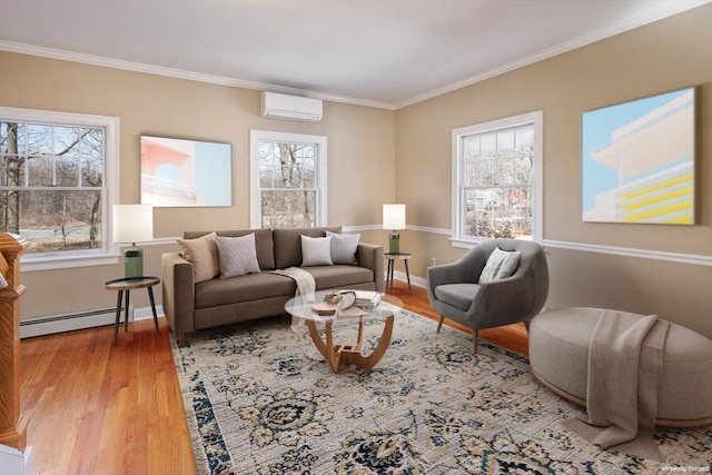 living area with wood finished floors, baseboard heating, a healthy amount of sunlight, and a wall mounted air conditioner