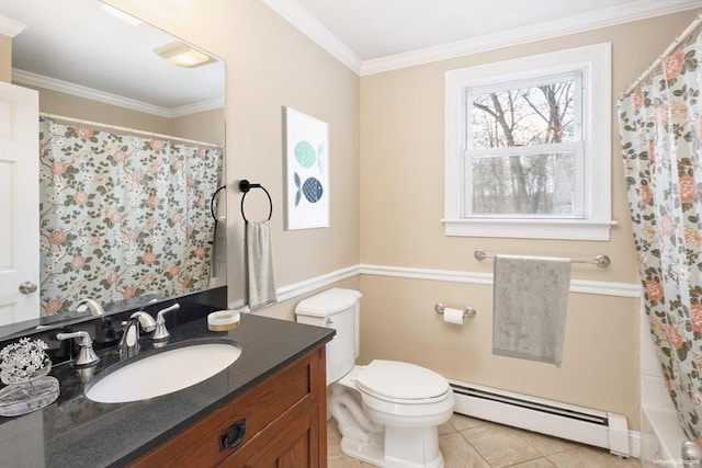 bathroom with tile patterned floors, toilet, ornamental molding, a baseboard radiator, and vanity