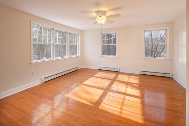 unfurnished room with wood-type flooring, baseboards, and baseboard heating