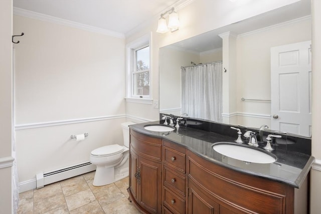 full bath featuring a sink, double vanity, toilet, and a baseboard radiator