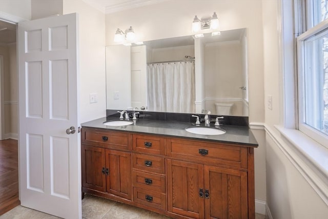 full bath featuring a sink, a healthy amount of sunlight, and double vanity