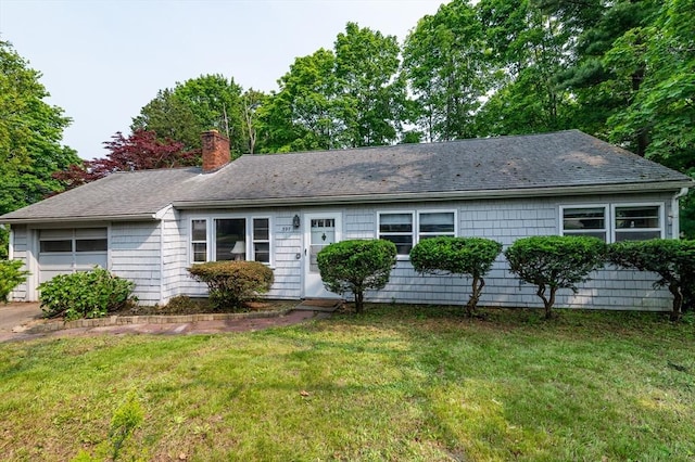 397 Elm St, Braintree, MA 02184 - single story home with a chimney, a front yard, and roof with shingles