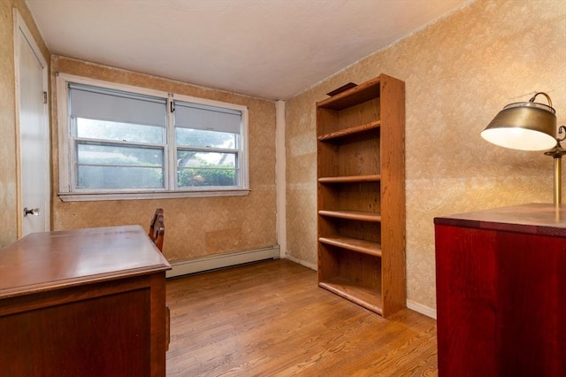397 Elm St, Braintree, MA 02184 - office area featuring baseboard heating, wood finished floors, wallpapered walls, and baseboards