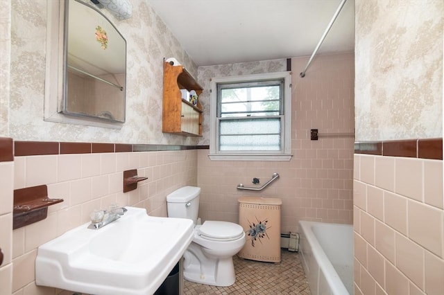 397 Elm St, Braintree, MA 02184 - bathroom featuring tile walls, toilet, a sink, tile patterned floors, and wallpapered walls
