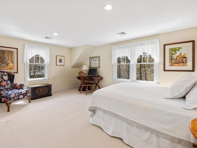 bedroom with carpet flooring, recessed lighting, and baseboards