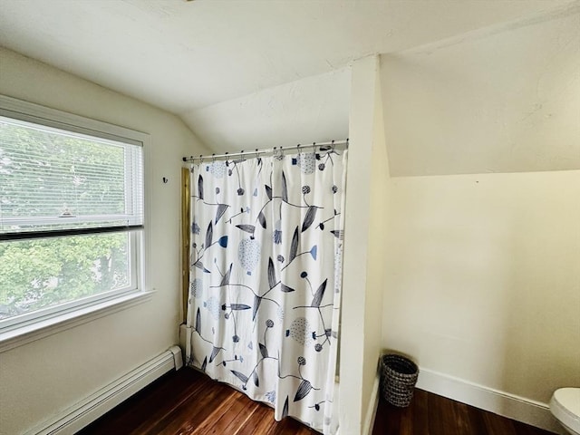 1 S Ave Unit 1, Hull, MA 02045 - bathroom featuring vaulted ceiling, wood finished floors, baseboard heating, and a shower with curtain