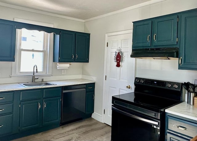 1 S Ave Unit 1, Hull, MA 02045 - kitchen featuring black / electric stove, dishwashing machine, under cabinet range hood, ornamental molding, and light wood-style floors