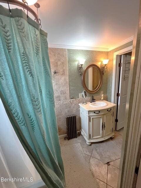 56-58 N Summer St, Adams, MA 01220 - bathroom featuring vanity, tile patterned flooring, radiator, crown molding, and a shower with curtain