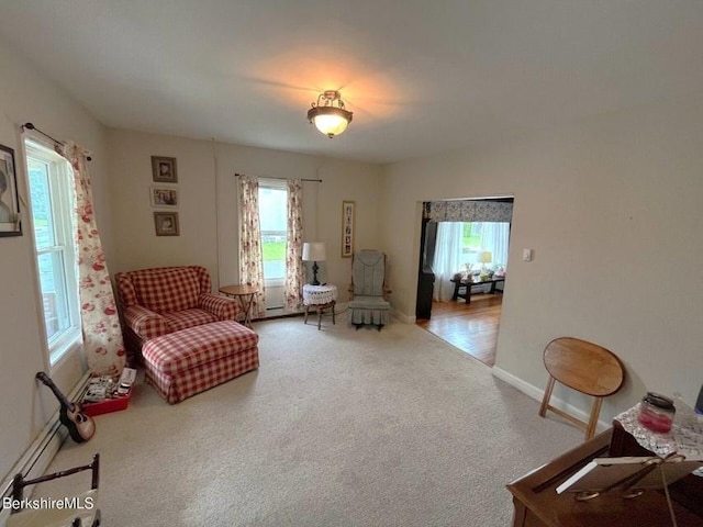 56-58 N Summer St, Adams, MA 01220 - living area featuring carpet flooring, baseboard heating, and baseboards