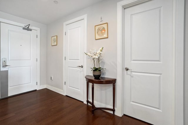 entrance foyer featuring baseboards and dark wood-style flooring