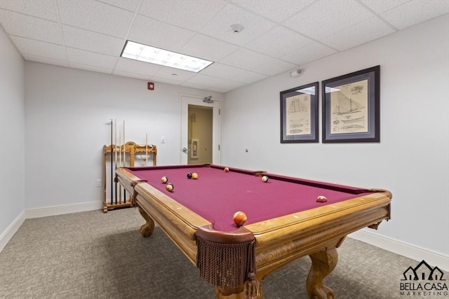 playroom with a drop ceiling, baseboards, and carpet floors