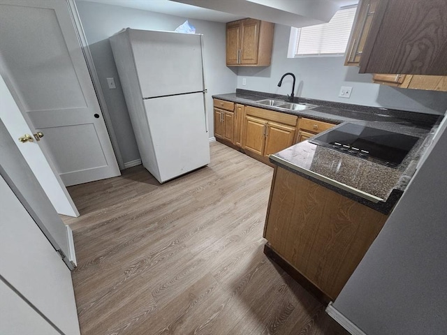 kitchen featuring sink, light hardwood / wood-style floors, black electric stovetop, and white refrigerator