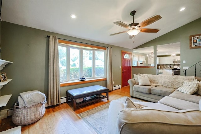 68 Partridge Dr, Brockton, MA 02301 - living area with a ceiling fan, light wood finished floors, baseboard heating, vaulted ceiling, and recessed lighting