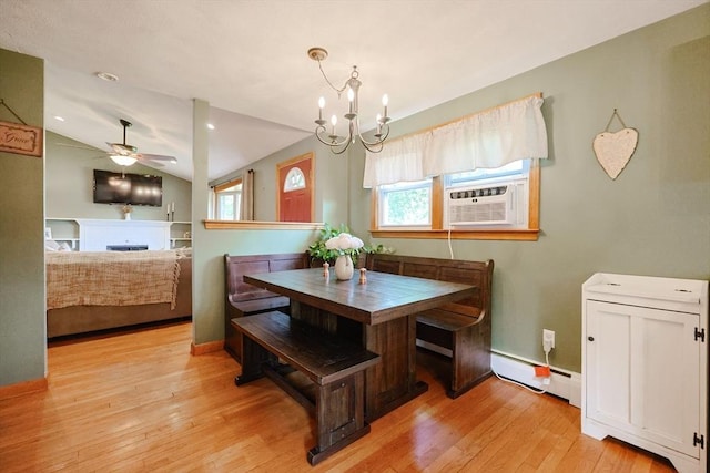 68 Partridge Dr, Brockton, MA 02301 - dining space featuring a baseboard heating unit, a ceiling fan, a chandelier, light wood finished floors, and a fireplace