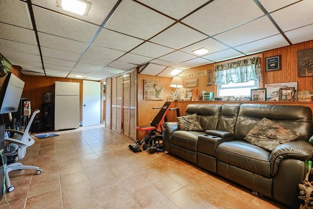 68 Partridge Dr, Brockton, MA 02301 - tiled living area featuring wood walls and a paneled ceiling