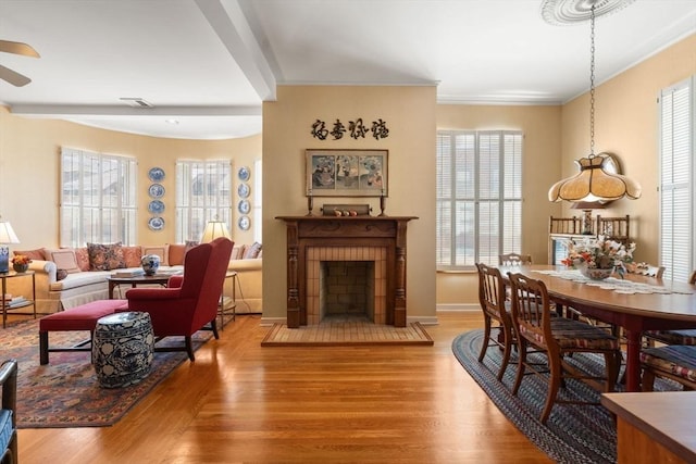 interior space with a healthy amount of sunlight, wood finished floors, and a fireplace