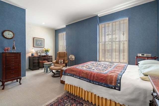 carpeted bedroom featuring crown molding