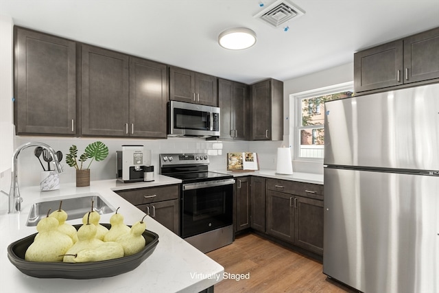 kitchen with backsplash, sink, light wood-type flooring, appliances with stainless steel finishes, and dark brown cabinets