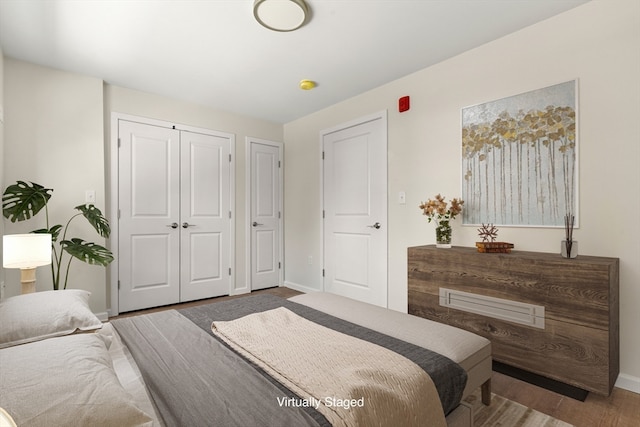 bedroom featuring multiple closets and wood-type flooring