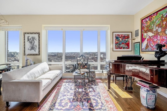 living area featuring a view of city, visible vents, and wood finished floors