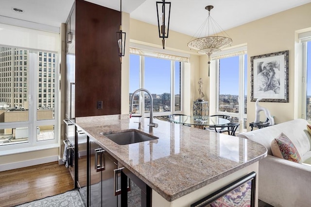 kitchen with a healthy amount of sunlight, hanging light fixtures, a sink, and wood finished floors