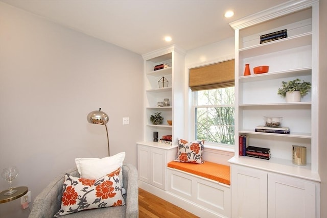 living area featuring light wood-type flooring and recessed lighting