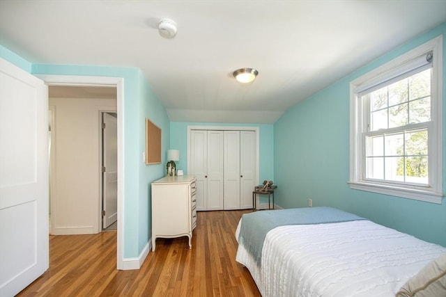 bedroom featuring baseboards, wood finished floors, and a closet