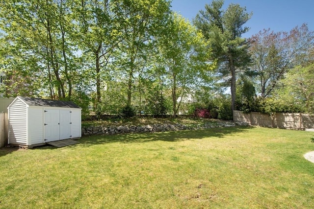 view of yard featuring a storage unit, an outdoor structure, and fence