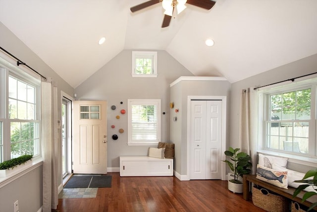 foyer entrance with ceiling fan, dark wood-style floors, baseboards, and high vaulted ceiling