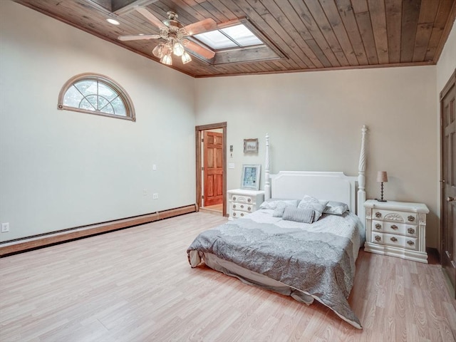 bedroom featuring wood ceiling, a skylight, crown molding, ceiling fan, and light hardwood / wood-style flooring