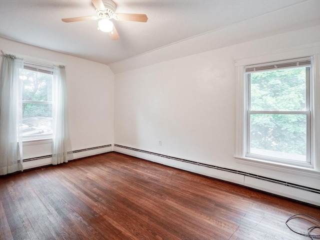 unfurnished room featuring ceiling fan, a baseboard radiator, a healthy amount of sunlight, and vaulted ceiling