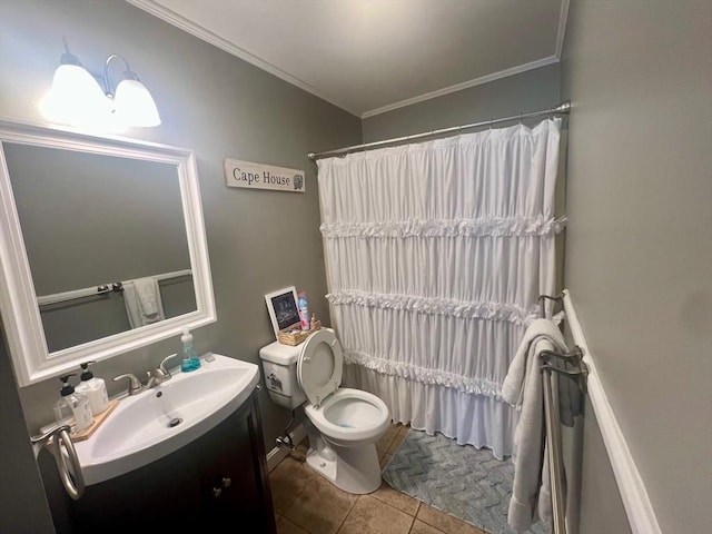 bathroom with toilet, tile patterned floors, shower / bathtub combination with curtain, crown molding, and vanity