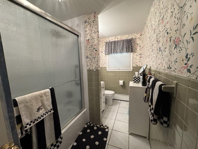 23 Harvard Cir, Needham, MA 02494 - full bath with tile walls, wallpapered walls, tile patterned floors, wainscoting, and baseboard heating