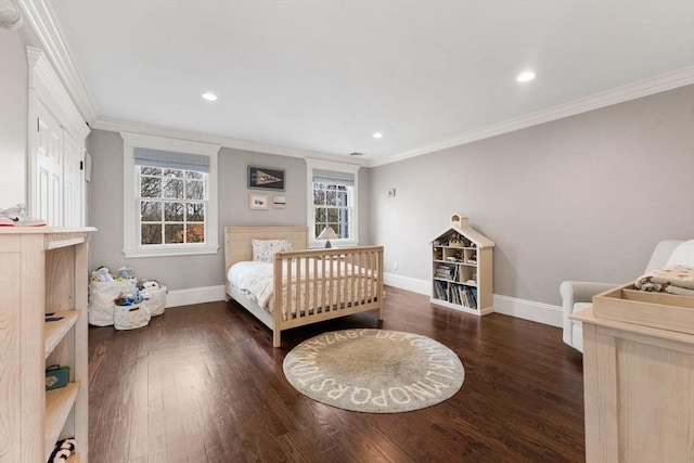 bedroom with recessed lighting, wood finished floors, baseboards, and ornamental molding