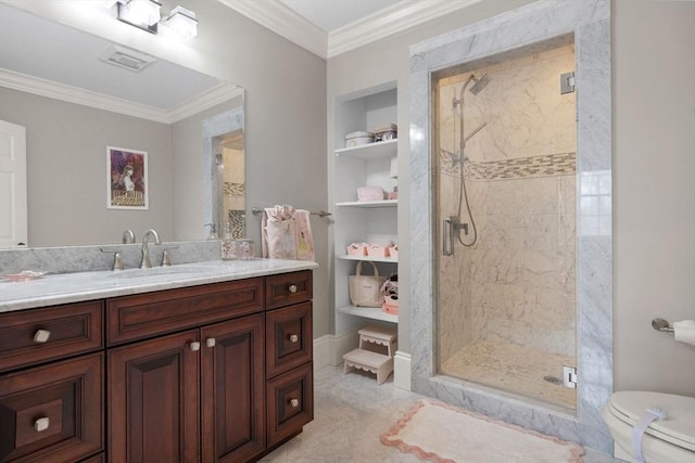 full bathroom with built in features, a stall shower, and ornamental molding