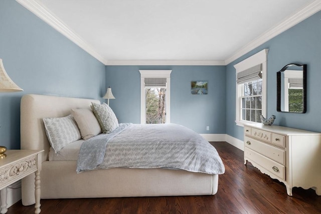 bedroom with ornamental molding, baseboards, and dark wood-style flooring