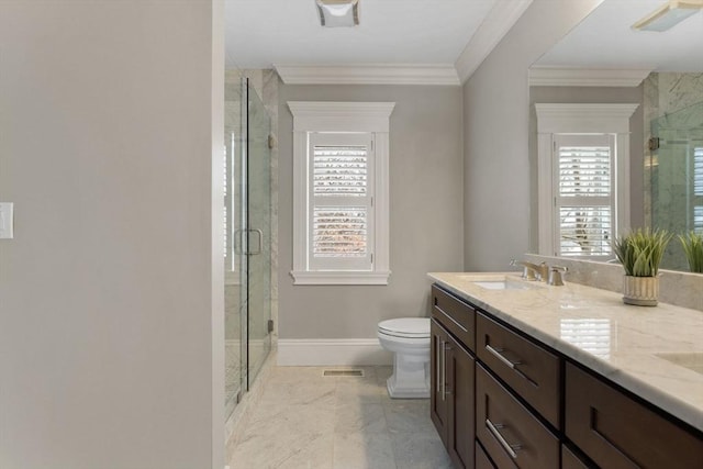 full bathroom with a shower stall, toilet, ornamental molding, marble finish floor, and a sink