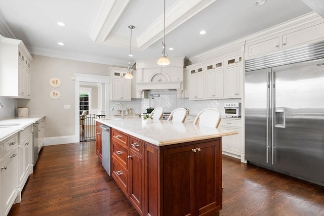 kitchen with tasteful backsplash, crown molding, glass insert cabinets, dark wood-type flooring, and stainless steel appliances