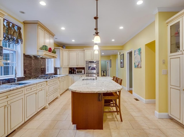 14 Nassau Dr, Winchester, MA 01890 - kitchen featuring tasteful backsplash, a sink, cream cabinets, and crown molding