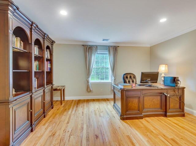 14 Nassau Dr, Winchester, MA 01890 - office area with light wood-style flooring, crown molding, baseboards, and visible vents