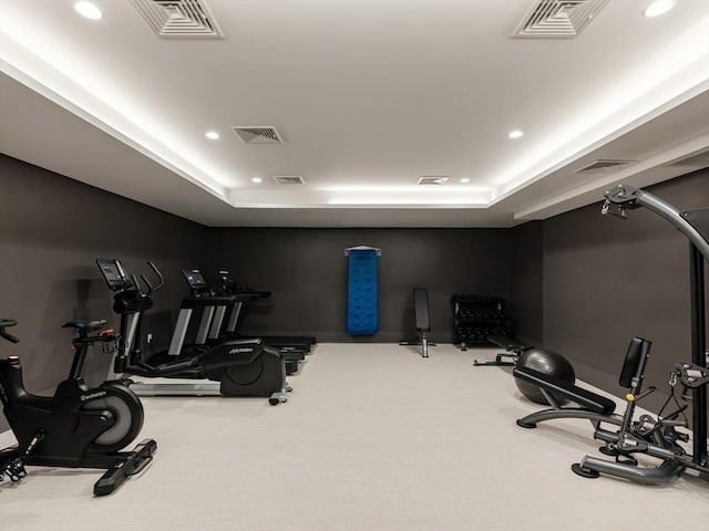 exercise area with carpet floors and a raised ceiling