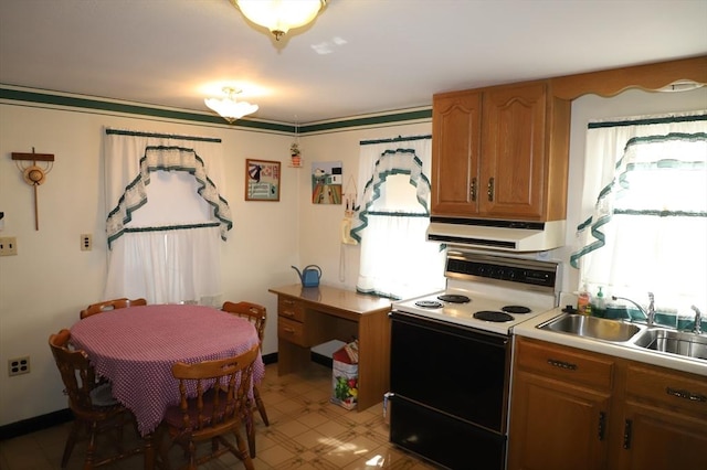 kitchen with brown cabinetry, a sink, light countertops, electric stove, and exhaust hood