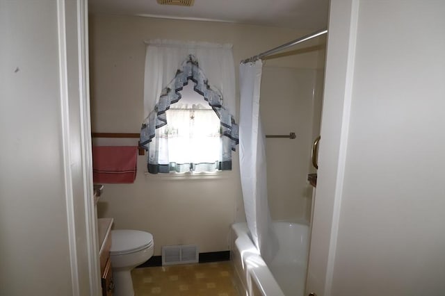 full bathroom with visible vents, toilet, and shower / bathtub combination with curtain